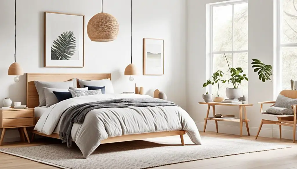 Scandinavian white bedroom with light wood accents