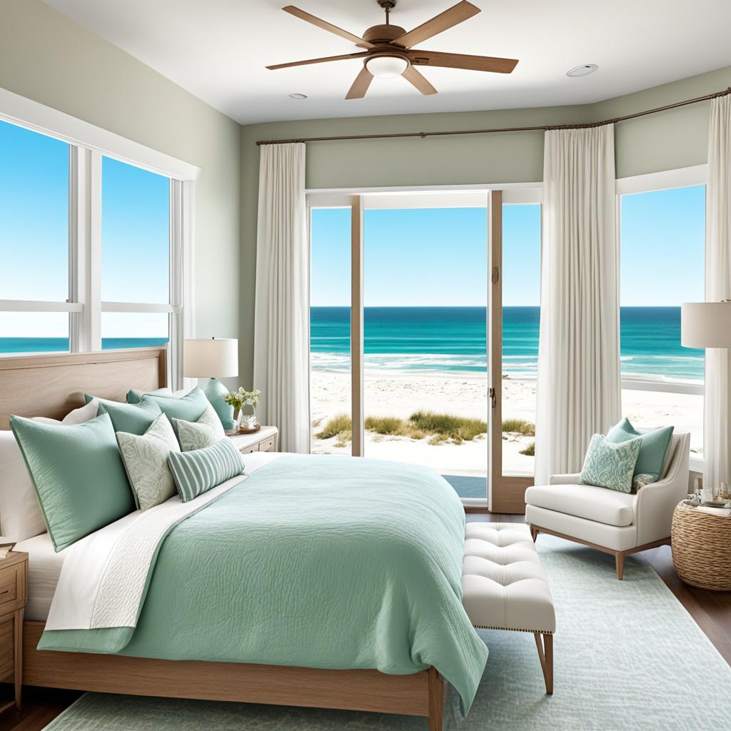 coastal bedroom with large windows