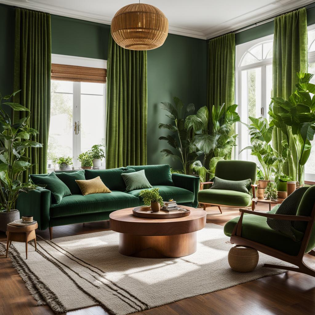 green curtains living room