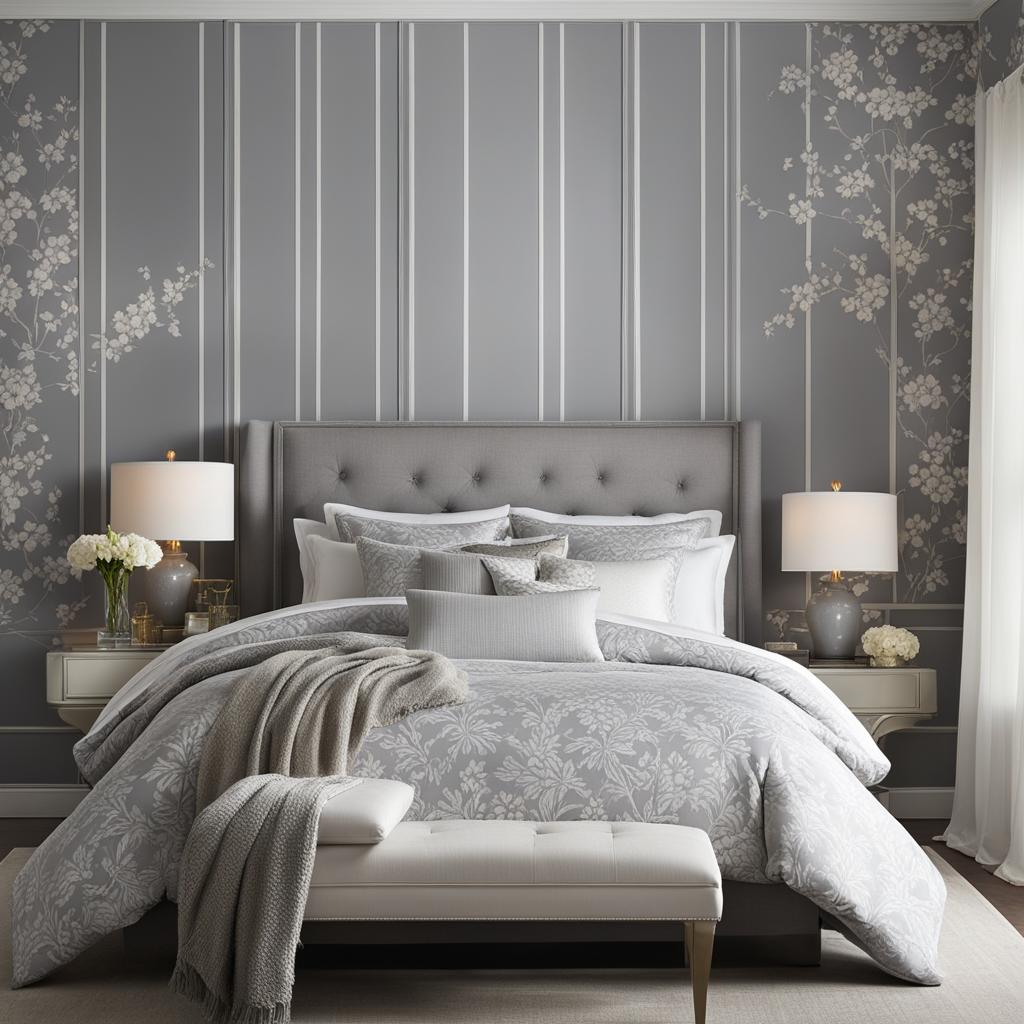 grey and white bedroom with patterned wallpaper