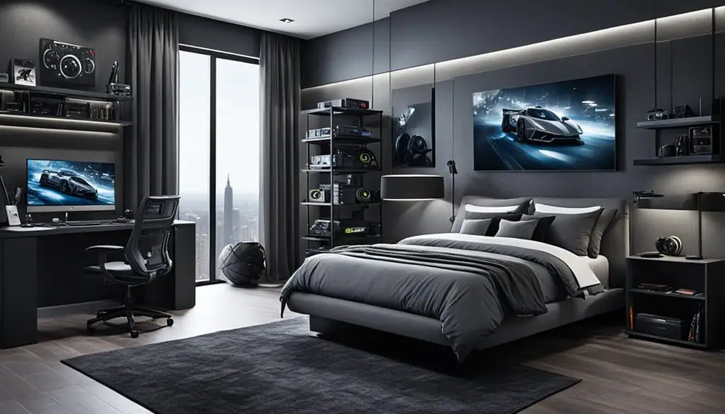 grey tones gaming bedroom