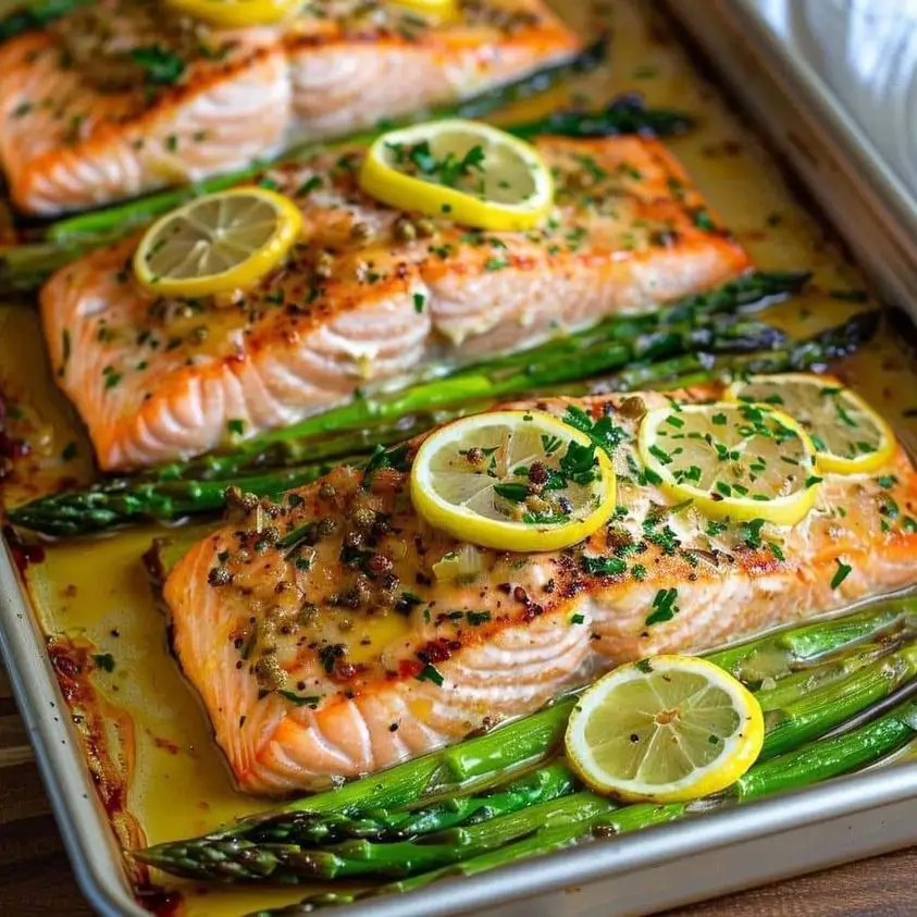 Baked Salmon in Foil with Asparagus and Garlic Lemon Butter Sauce